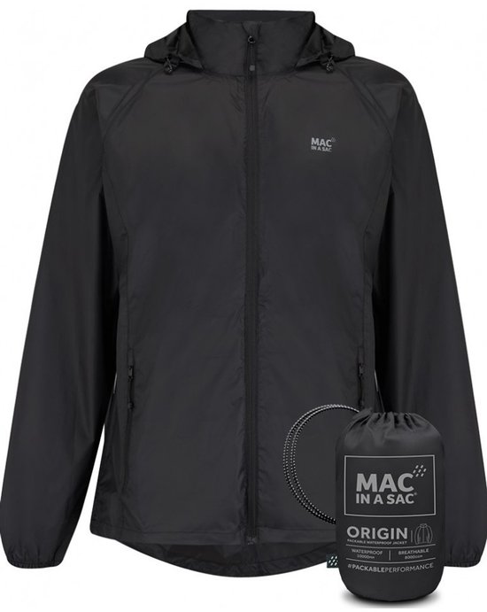 Veste de pluie noire Mac in a Sac Origin avec capuche et son sac de rangement.