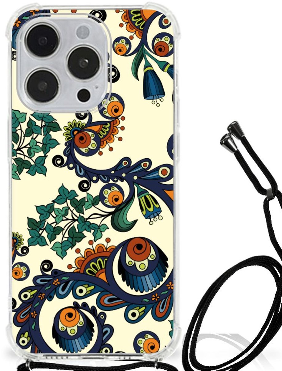 TPU Case Anti-Shock met Koord voor Anti Shock Case iPhone 14 Pro Barok Flower