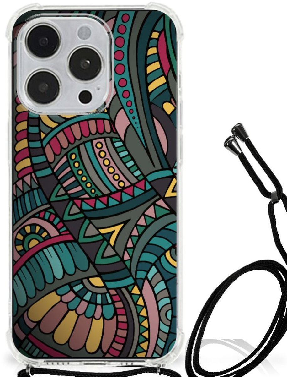 TPU Case Anti-Shock met Koord voor iPhone 14 Pro Doorzichtige Silicone Hoesje Aztec