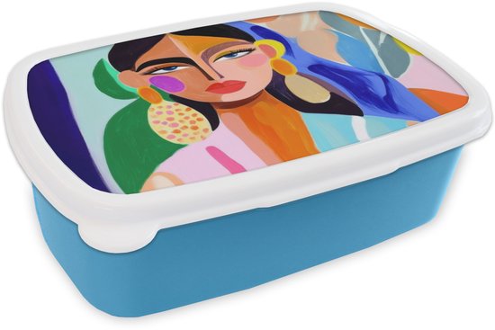 Broodtrommel Blauw - Lunchbox Portret - Vrouw - Modern - Brooddoos 18x12x6 cm - Brood lunch box - Broodtrommels voor kinderen en volwassenen