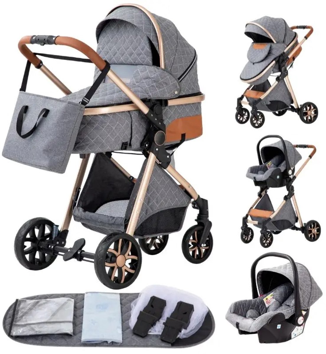 Kinderwagen Grijs 3 In 1 Inklapbare Buggy - Kinderwagen - €219,95