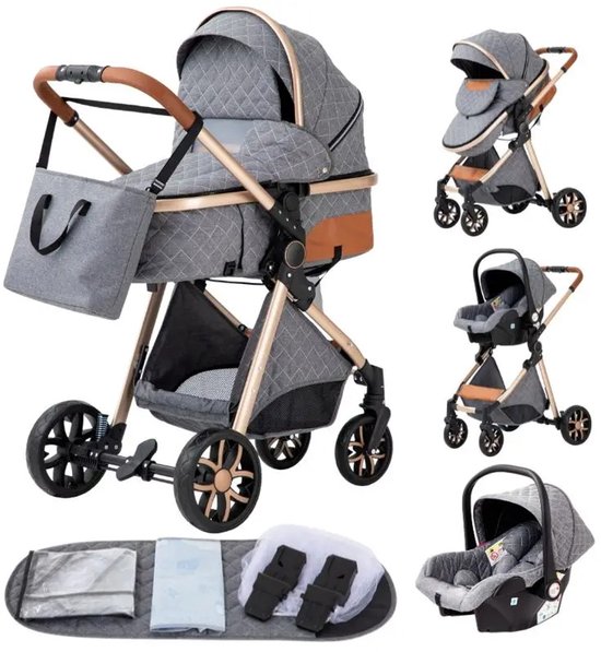 Kinderwagen Grijs 3 In 1 Inklapbare Buggy - Kinderwagen - €219,95