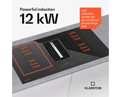 Klarstein Inductiekookplaat AirJet met Afzuiging – 12 kW, Boost 750 m³/u, A++ Efficiëntie, 9 Standen, Touchbediening, Stil 58 dB, Bridge-functie, Aluminium & Koolstoffilter, Zwart - 7300W - Inbouw voor Keuken - Induction Hob