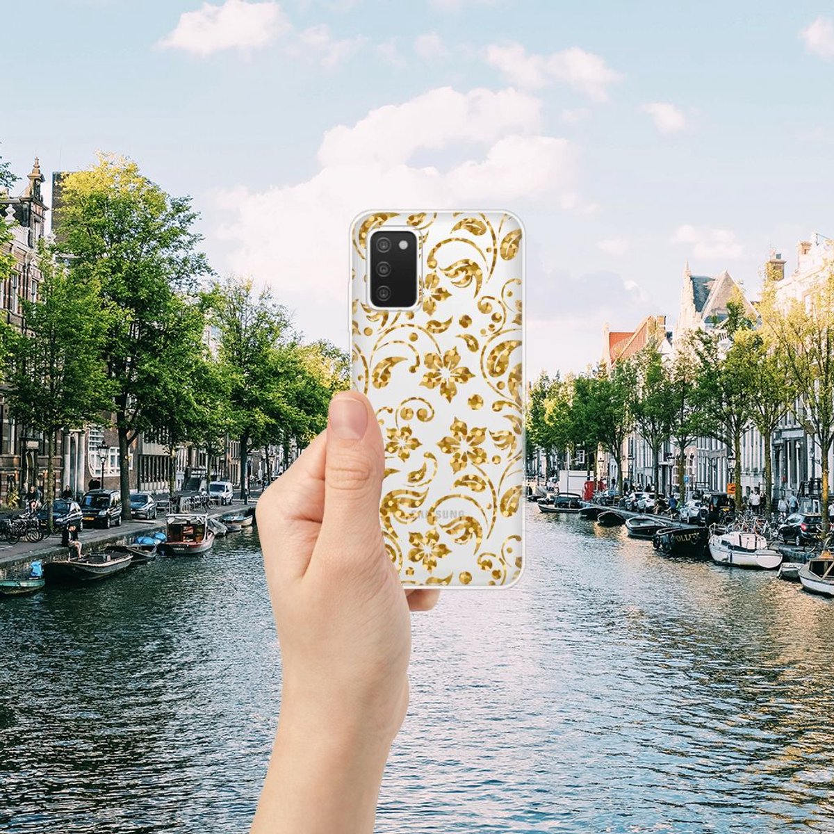 Samsung Galaxy A03S TPU Case Gouden Bloemen