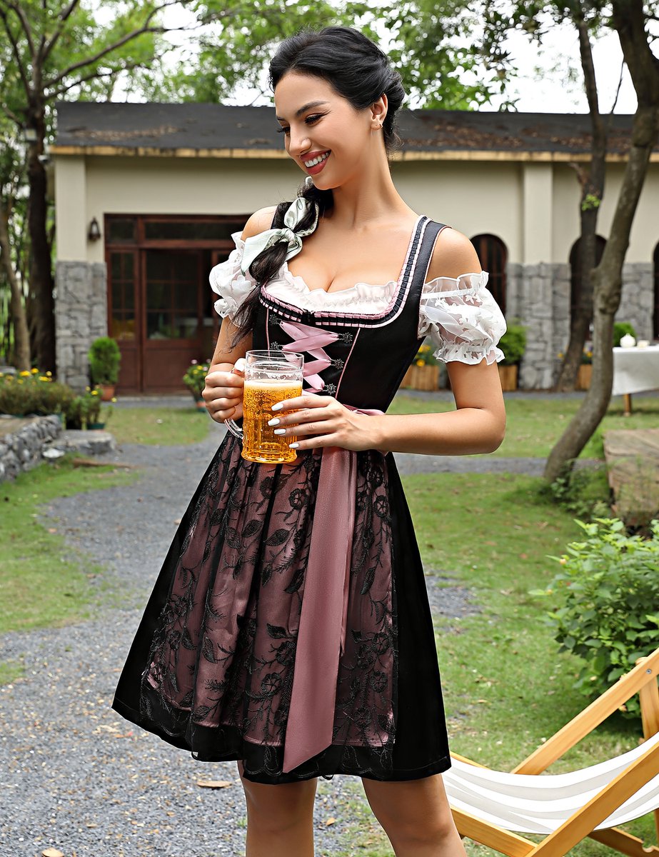 KOJOOIN Dames Dirndl Midi Klederdracht 3 Stuks. Afkorting voor Oktoberfest-Drie Delen: Jurk, Blouse, Roze (3pcs.) 42