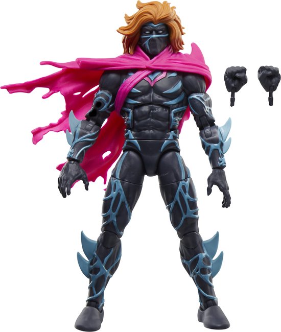 Actiefiguur met oranje haar, zwart masker en roze cape. Zwart pak met blauwe lijnen, met extra handen.