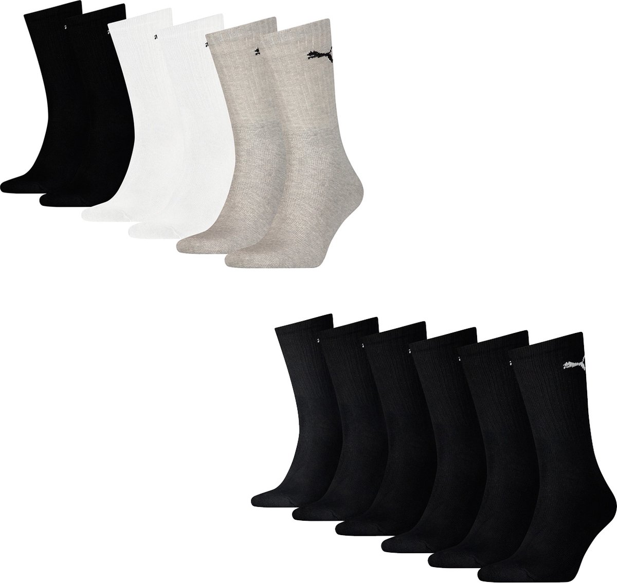 SOKKEN 12 PAAR Puma Sokken Cush Crew Sportsokken Tennissokken Unisex Schwarz – Weis – Grau