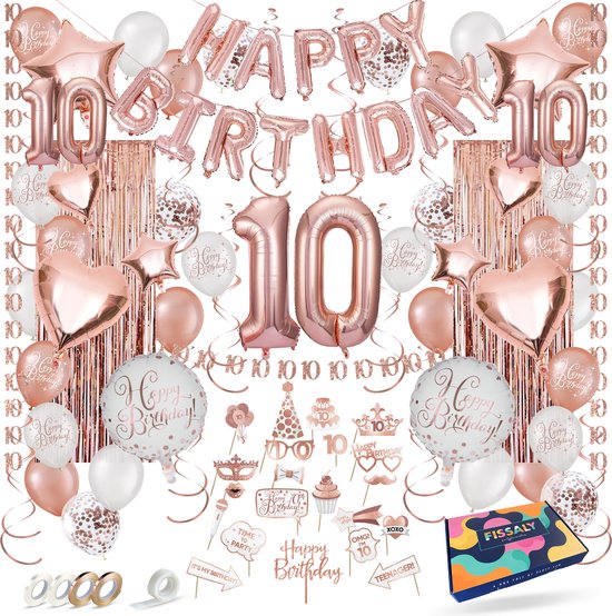Fissaly Décoration d'Anniversaire en Or Rose pour les 10 Ans - Ballons Hélium, en Latex & en Papier Confettis