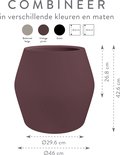 Paarse Elho bloempot met afmetingen en beschikbare kleuren: beige, vintage pruim, zwart.