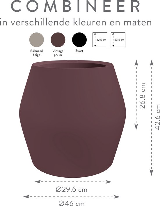 Paarse Elho bloempot met afmetingen en beschikbare kleuren: beige, vintage pruim, zwart.