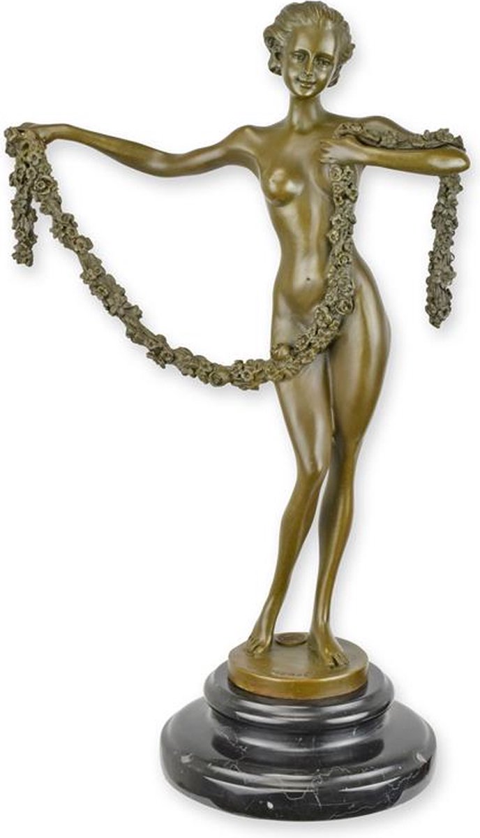Bronzen sculptuur vrouw met bloemenguirlande - Beeld & interieurdecoratie - bronzen beeld vrouw, bloemenkrans, art deco stijl - gedetailleerde afwerking - blikvanger - met sokkel - H35,6 cm brons
