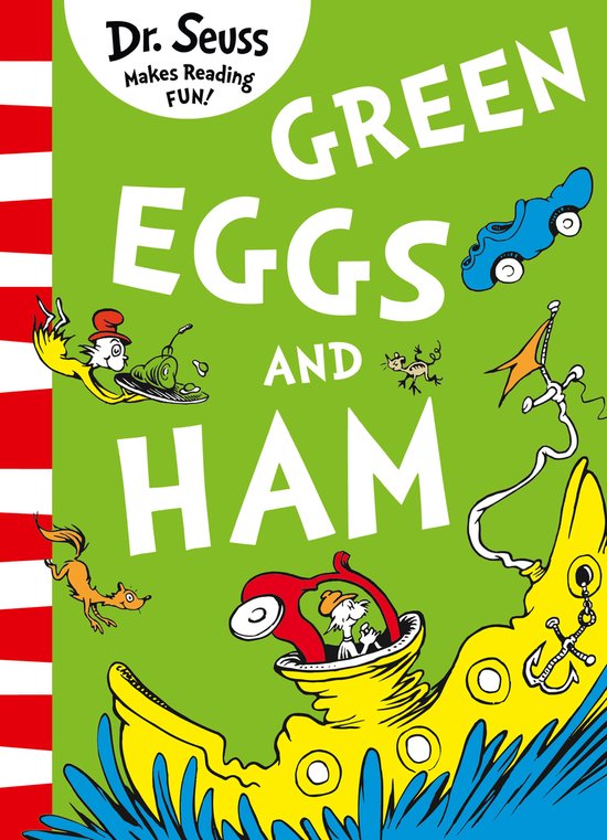 Dr. Seuss boek 'Green Eggs and Ham'. Groene kaft met de titel, Sam-I-Am, en diverse objecten.