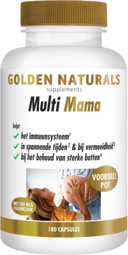 Fles van Golden Naturals Multi Mama supplementen, 180 capsules. De voorkant toont een zwangere buik en een jong kind.