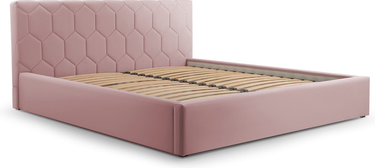 Tweepersoonsbed met fluwelen bekleding, met hoofdeinde, lattenbodem, bed voor volwassenen - BED 02 - 180x200 - Donkerroze (TRINITY 23)