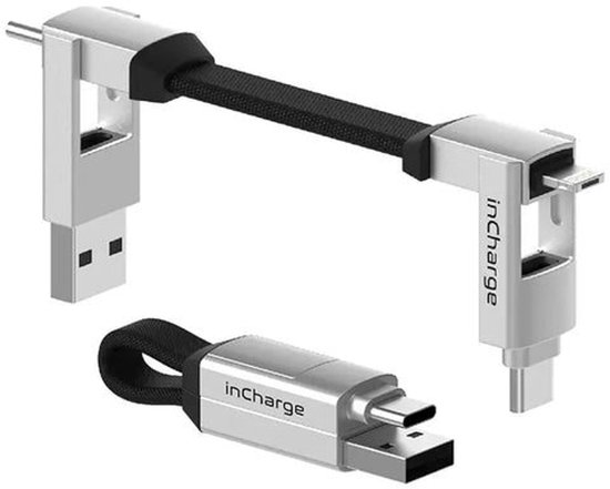 inCharge 6 Korte oplaadkabel voor o.a. iPhone Lightning kabel usb c - 6 in één all you need - Kabel voor iPhone, Samsung, Huawei - Zilver