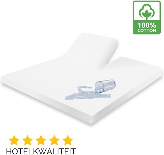 Witte molton topper met glas water omgestoten, 100% Katoen, Hotelkwaliteit.