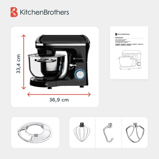 KitchenBrothers 2000W Keukenmachine - Keukenrobot - 6,2L - Mixer met Mengkom - Keukenmixer - Zwart