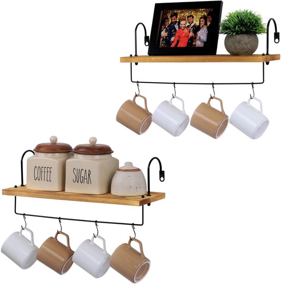 Keuken drijvende wandplanken met haken, houten rustieke planken voor de