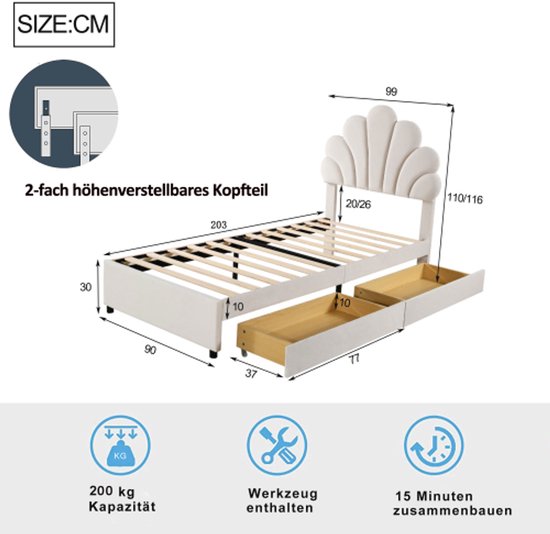 Gestoffeerd kinderbed 90x200cm, bedframe met bloemvormig hoofdbord
