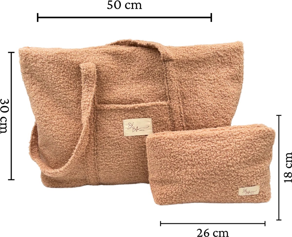 Bella Sofia® Dames Schoudertas - Beige Teddy Stof Mom Bag met Toilettas - Veelzijdige Shopper en Luiertas met Rits – foto 2