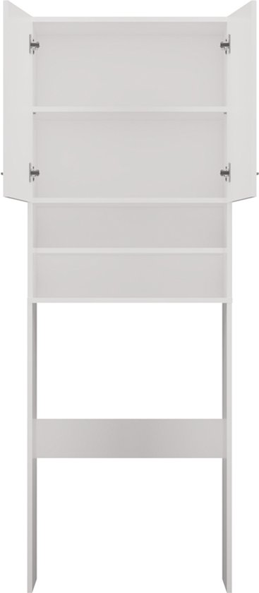 Witte wasmachinekast met open bovenkastjes en open planken.