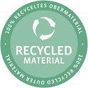Groene cirkel met tekst 'RECYCLED MATERIAL' en pijlen.