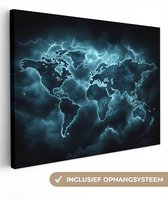 Canvas schilderij 80x60 cm - Exclusieve wanddecoratie Wereldkaart - Bliksem - Blauw - Muurdecoratie woonkamer - Slaapkamer decoratie - Kamer accessoires - Schilderijen op canvas