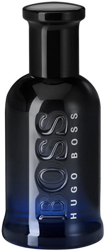 Donkerblauwe Hugo Boss 'Bottled Night' flacon met het reliëflogo BOSS HUGO BOSS.
