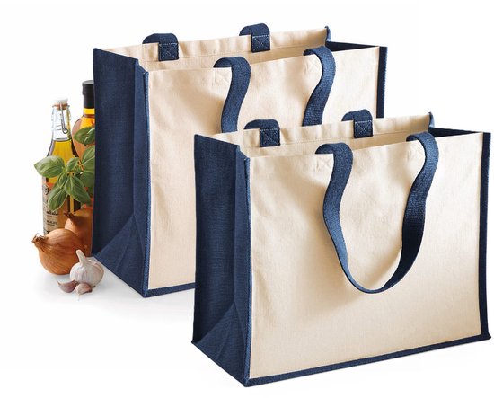 2x morceaux de sac shopping en coton de jute en bleu foncé/naturel 44 x 33 x 19 cm