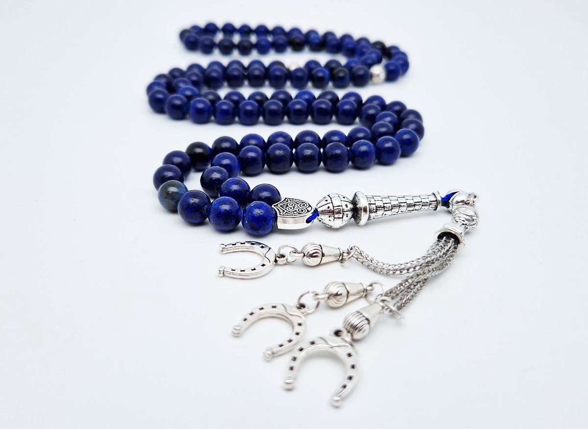 Handgemaakte tesbih "Tasbih" natuursteen " Azuur" - Aantal kralen 99 - Diameter kralen 8MM - met metaal tassel "Hoefijzer" - Een mooi cadeau-idee