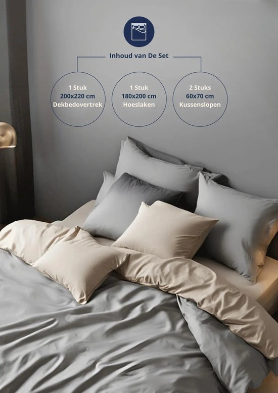 Dekbedovertrek - Dubbelzijdig - Beige/Grijs - Verrijkt met Katoen - 200x220 cm - Tweepersoons - Zacht & Ademend - Omkeerbaar Design - Inclusief 1 stuk Hoeslaken & 2 stuks Kussenslopen - Onderhoudsvriendelijk & Duurzaam - De Linde Home van De Linde Home — afbeelding 4