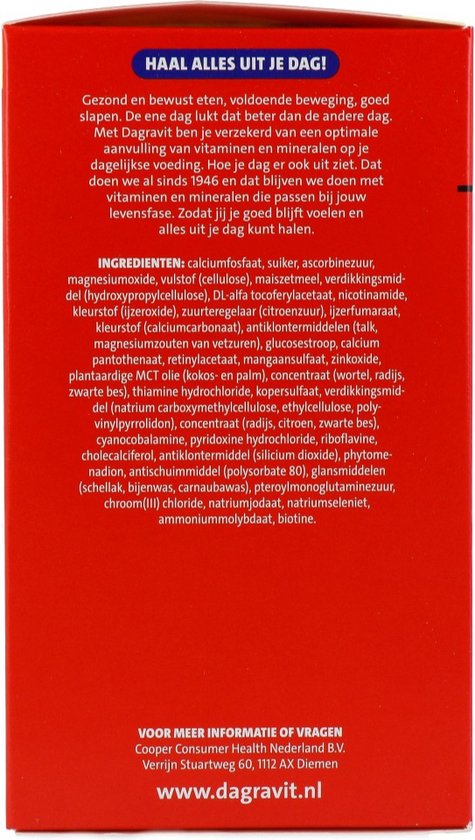 Ingrediëntenlijst op de achterkant van een rode doos.