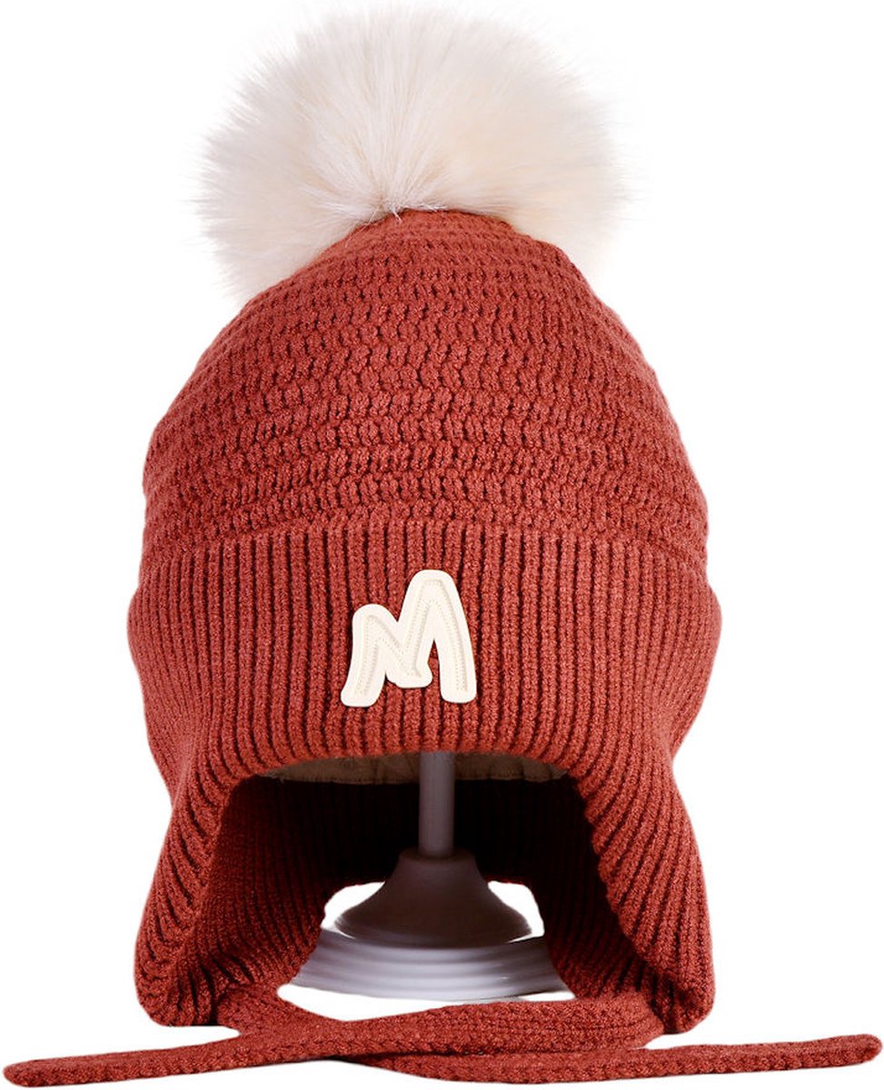 Decopatent - Muts Kind - Kinder muts met pompon - M Embleem - 6 Maanden t/m 6 jaar - Maat 48/52 - Kindermutsen Jongens & Meisjes - Gebreide Muts met Binnenvoering - Muts Baby / Peuter / Kleuter - Wintermuts - Kleur: Rood