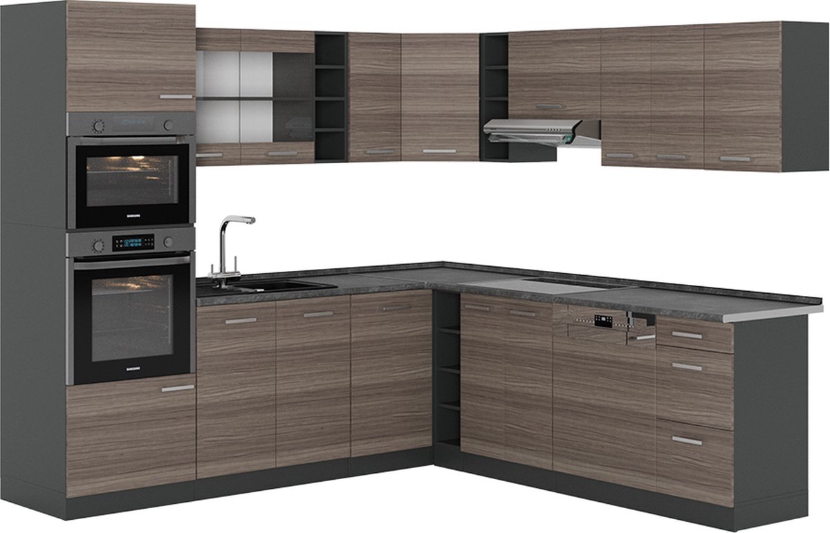 Vicco Cuisine En Angle Rline, 227 X 287 Cm , Pt Chêne, Blanc Brillant/anthracite