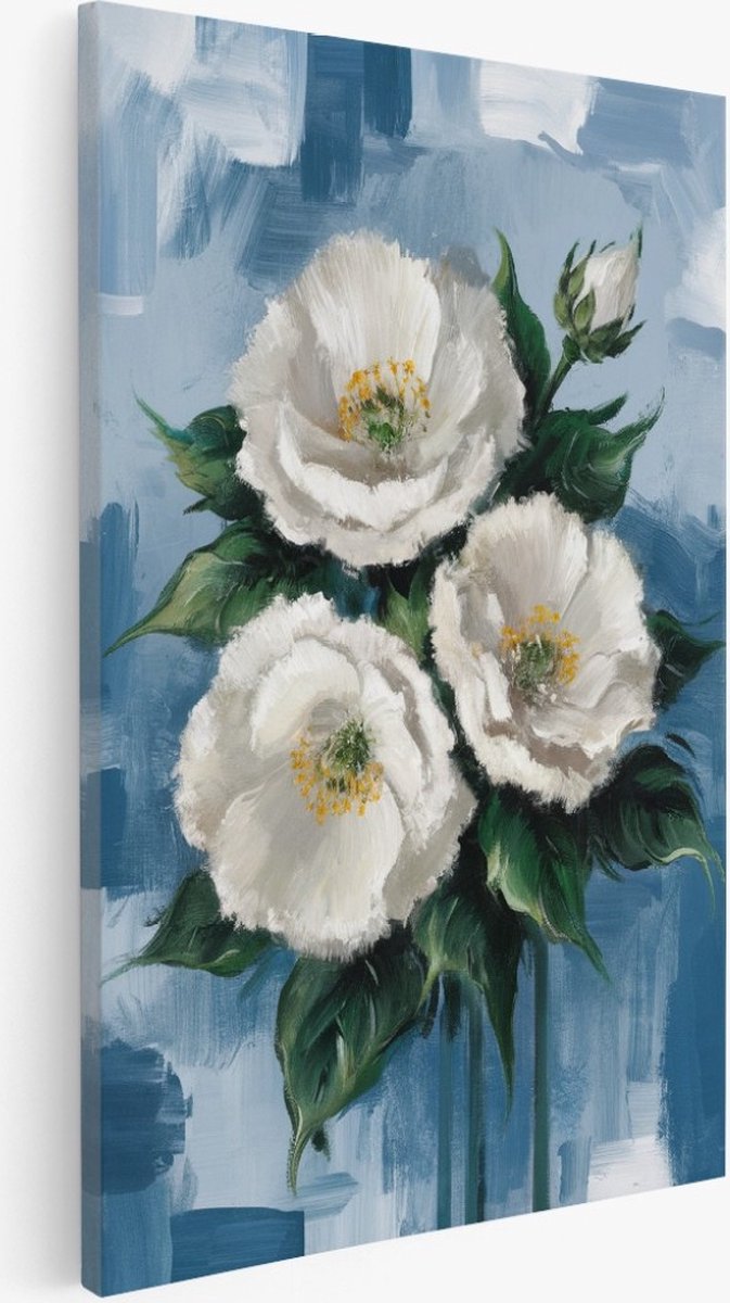 Saammp Canvas Schilderij - Witte Bloemen met blauw - Abstract - 50x70 - Foto op canvas - Wanddecoratie - Muurdecoratie Woonkamer - Kantoor Decoratie Multicolor