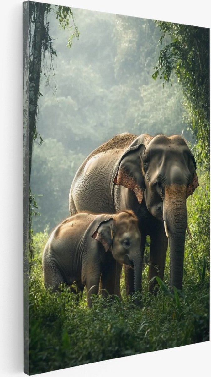 Saammp Canvas Schilderij - 2 Olifanten in de jungel - Dieren - Natuur - 80x120 - Foto op canvas - Wanddecoratie - Muurdecoratie Woonkamer - Slaapkamer decoratie - Canvas Print Multicolor