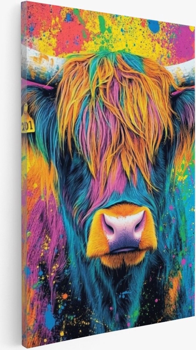 Saammp Canvas Schilderij - Schotse Hooglander Koe - Kleurrijk - Portret - Natuur - Dieren - 40x60 - Foto op canvas - Wanddecoratie - Muurdecoratie Woonkamer - Slaapkamer decoratie - Canvas Print Multicolor