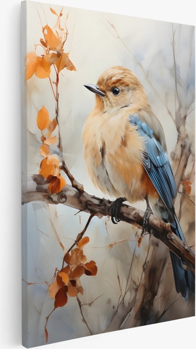 Saammp Canvas Schilderij - Vogel op tak - Herfst - Bloemen - Abstract - 40x50 - Foto op canvas - Wanddecoratie - Muurdecoratie Woonkamer - Kantoor Decoratie Multicolor