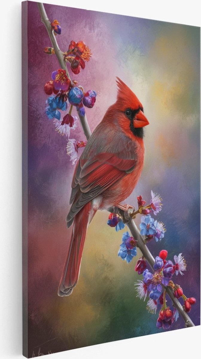 Saammp Canvas Schilderij - Rode vogel - Bloemen - Abstract - 40x50 - Foto op canvas - Wanddecoratie - Muurdecoratie Woonkamer - Kantoor Decoratie Multicolor