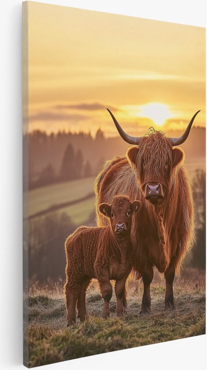 Saammp Canvas Schilderij - Schotse hooglander koe met kalf in zonsondergang - Natuur - Dieren - 60x90 - Foto op canvas - Wanddecoratie - Muurdecoratie Woonkamer - Slaapkamer decoratie - Canvas Print Multicolor