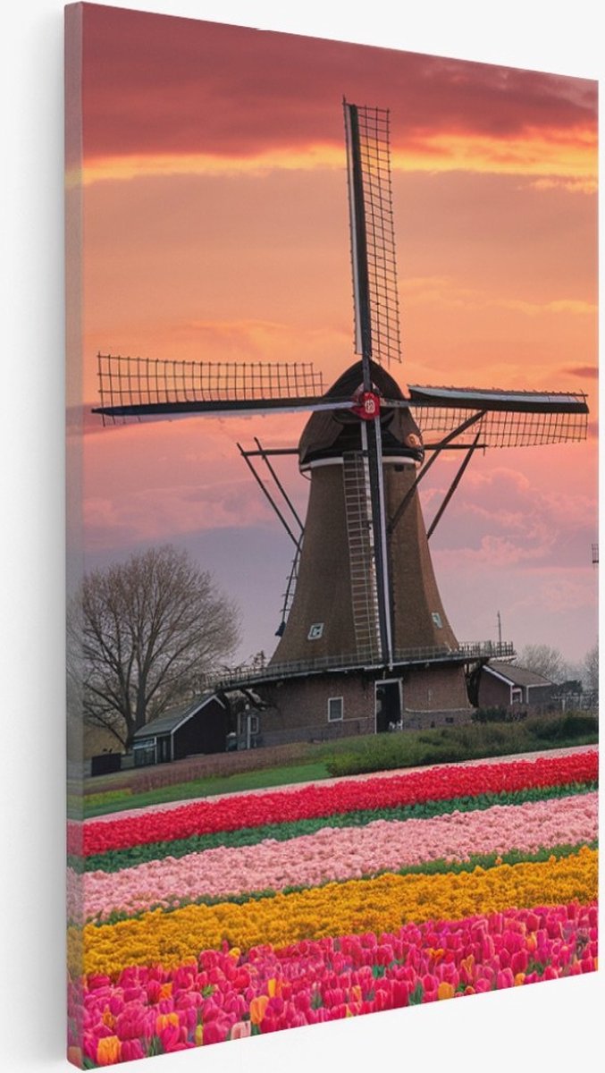 Saammp Canvas Schilderij - Molens met Tulpenvelden - Natuur - 60x90 - Foto op canvas - Wanddecoratie - Muurdecoratie Woonkamer - Slaapkamer decoratie - Canvas Print Multicolor