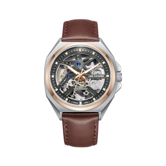 Herenautomaat horloge met zilverkleurige kast, rosé gouden ring en bruine leren band. De wijzerplaat is grijs en open.