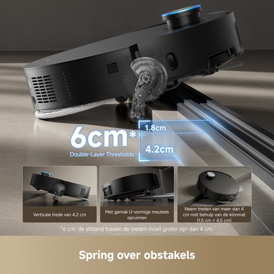 Robotstofzuiger die 6 cm hoge drempels kan overbruggen, inclusief verticale treden van 4,2 cm.
