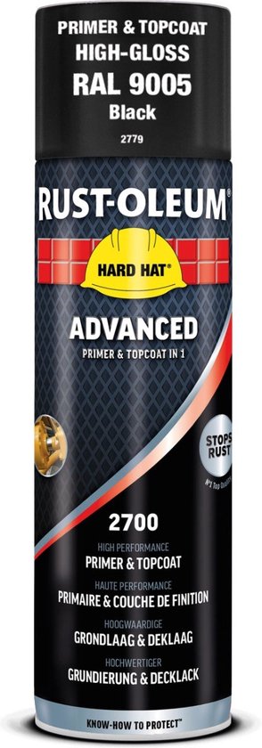 Rust-Oleum Hard Hat spuitbus RAL 9005 zwart glans. Primer & Topcoat in 1.