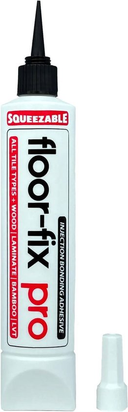 Witte Floor-Fix Pro knijpfles met zwarte tuit en losse dop tegen een witte achtergrond.