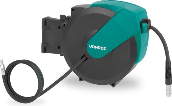 Foto: Vonroc pro automatische luchtslanghaspel luchthaspel incl 15 meter luchtslang 1 meter aanvoerslang en wandmontageset 17 bar 250 psi universele euro din 7 2mm koppeling