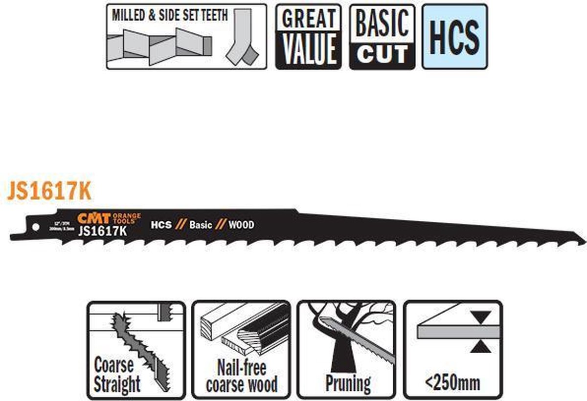 CMT JS1617K-5 HCS reciprozaagblad 300 x 1,25 mm. 3tpi (grof hout zonder spijkers, snoeien)