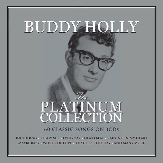Albumhoes van Buddy Holly met zijn foto, getiteld 'The Platinum Collection'.