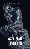 De bronzen sculptuur 'De Denker' zit op een rots, met de tekst 'AS A MAN THINKETH' en 'JAMES ALLEN'.