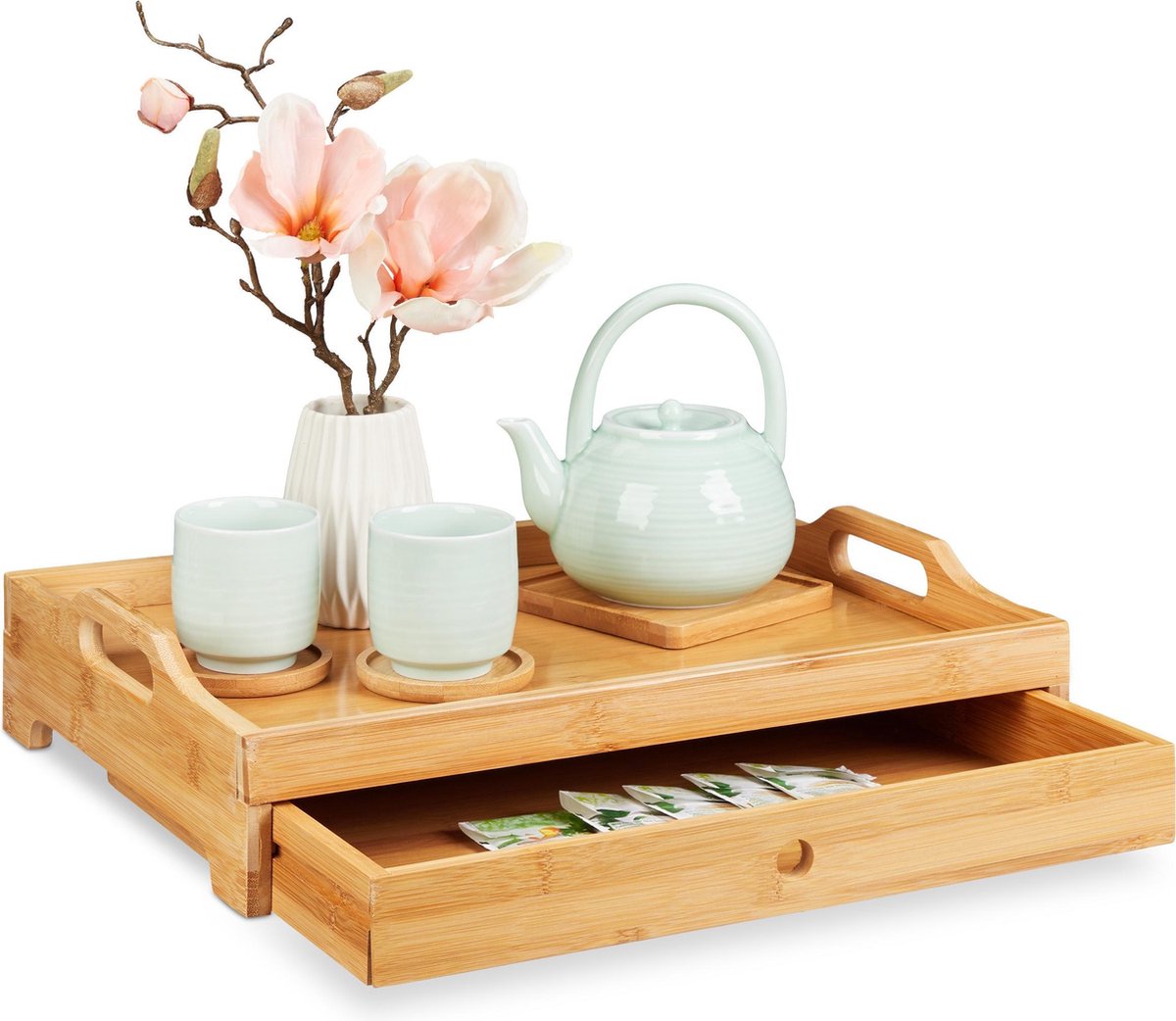 bamboe dienblad - uitneembare lade - serveerplank met grepen - 10 x 43 x 31 cm - naturel